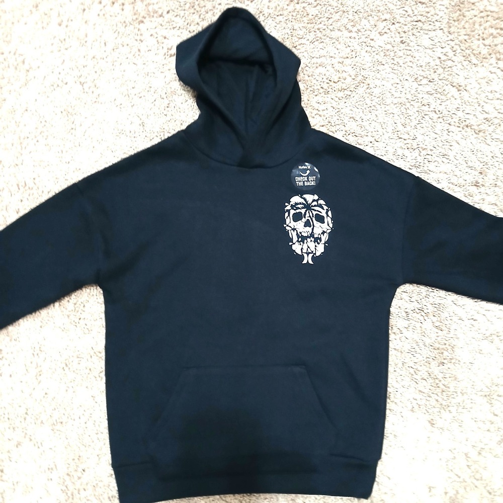 *NEW* HURLEY Sweatshirt Boy's Hoodie Pullover Size L Black F/B Graphic Designs
